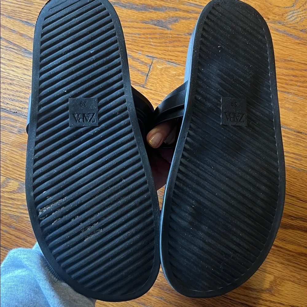 Zara Black Slide Sandals with Gold Buckles - Double Strap - Picture 3 of 6
